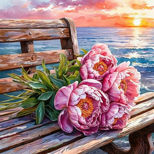 Accompany Wind Flowers Diamond Art Kits for Adults, 5D Seaside Scenery Diamond Painting Kits for Beginners,DIY Round Full Drill Diamonds Gem Art Crafts for Home Wall Decor Gifts 14x14 Inch - color: Seaside chair flowers