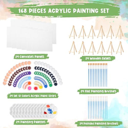 Qilery 24 Set 8 x 8 Inch Canvas Boards and Easel for Painting, Acrylic Paint Strips, Palettes, Brushes, Canvases Painting Kits for Kids Adults Artists Beginners Oil Acrylic Painting Party Favors - size: 8" X 8"