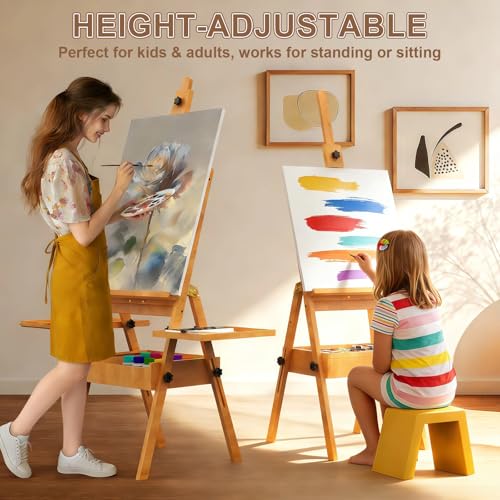 Large Beech Wood H-Frame Easel, Professional Painting Easel with 2 Palette - color: Natural
