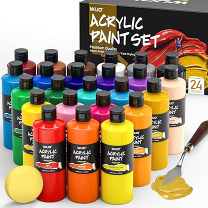 WUO 24 Colors Acrylic Paint Set, 250ml/8.45oz Professional Acrylic Paint | Large Bulk Rich Pigment Non-Toxic Multi-Surface Art Supplies for Artists Beginners Adults on Canvas Wood Rock Ceramic Crafts - color: 24 Colors