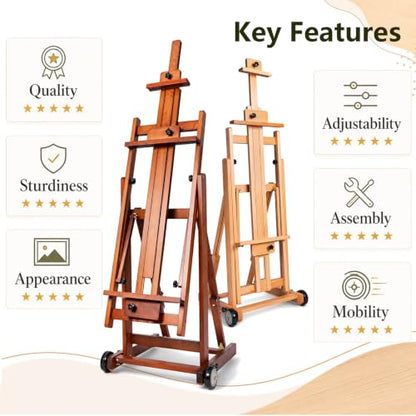 DJAR Large H-Frame Painting Easel for Adults, Solid Beech Wood, Walnut | Movable & Tilting Flat Floor Stand, Holds Canvases up to 78", Adjustable Heavy Duty Studio Art Easel for Artists - style: Walnut H-Frame Easel