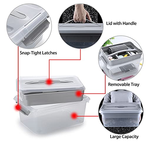BTSKY Stack & Carry Box, Clear Plastic Storage Container Stackable Home Utility Box with Removable Tray Multi-Purpose Storage Bin for Organizing Stationery, Sewing, Art Craft Supplies(Grey) | Stackable Home Utility Box Multi-Purpose Storage Bin for Organi