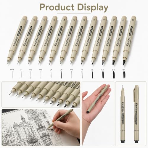 12 Pcs Archival Inking Markers Black Fineliner Drawing Art Pens | Fine Line Pens, Waterproof Markers, Sketch Outline Pen for Detail Outlining Drawing Sketching, Manga Watercolor Calligraphy