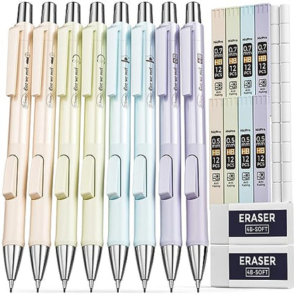 Nicpro 8PCS Pastel Mechanical Pencil 0.5 & 0.7 mm, Cute Pencils Fast Click | 8 Tubes HB Lead Refills, Erasers for Drafting, School Student Writing, Drawing, Sketching -with Case - style: 8PCS-0.5 & 0.7mm
