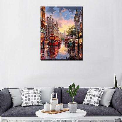 London Street Landscape Paint by Numbers Kits 16x20 inch Canvas DIY Oil Painting for Kids, Students, Adults Beginner with Brushes and Acrylic Pigment - Bus Town Bell Scenery Photo Gift(without Frame) - color: Scenery 02, size: 16''x20''(Frameless)