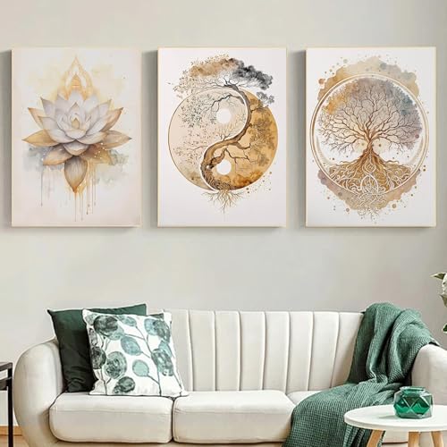 ARPADAMO 3 Pack Diamond Kits for Adults,5D Tree of Life Diamond Painting DIY Modern Gold Lotus Diamond Painting Art Kit for Adult,Round Full Drill Diamonds, Diamond Art Kit for Home Decor-12x16inch - color: DP01535