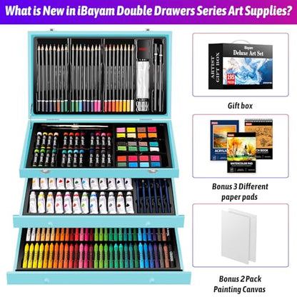 iBayam 195PCS Art Supplies Kit, Sketch Book, Acrylic Pad, Watercolor Pad | Painting, Drawing & Art Supplies for Kids Teens Girls Boys Adult, 195-Pack Deluxe Artist Gift Wooden Case with A4 Canvases - color: Blue