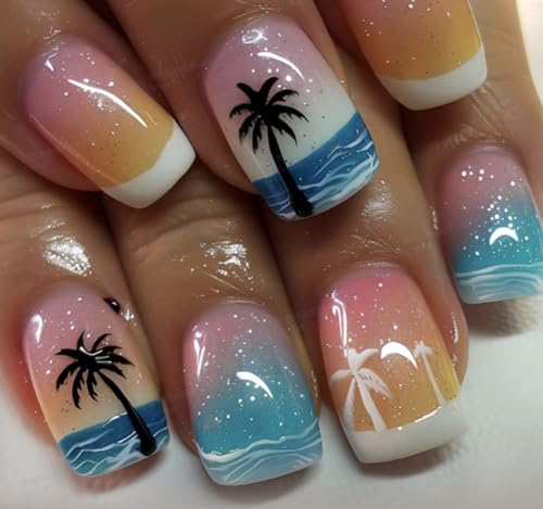 CurvLife Medium Square Tropical Press On Nails, Summer Sunset Pink | 32PCS 16 Sizes, Salon-Quality Natural Fake Nails, Curved Fit, 7-14 Day Glue-On Wear, Reusable Stick-On Nails, Press-On Kit - color: Hawaii1