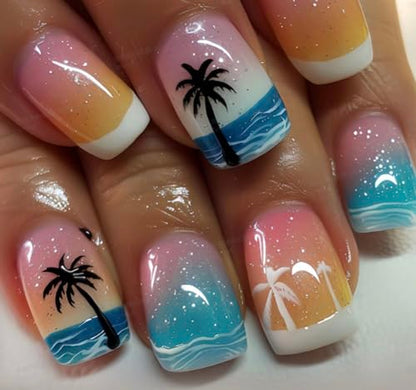 CurvLife Medium Square Tropical Press On Nails, Summer Sunset Pink | 32PCS 16 Sizes, Salon-Quality Natural Fake Nails, Curved Fit, 7-14 Day Glue-On Wear, Reusable Stick-On Nails, Press-On Kit - color: Hawaii1