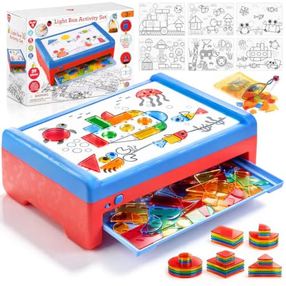 PLAY Light Box for Kids, LED Light Table with 6 Translucent Puzzle Films and 50 Shapes, Adjustable Colors and Brightness, Sensory Toy for Painting, Sketching, Drawing and Early Development