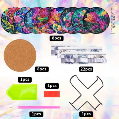 8 Pcs Diamond Painting Coasters with Holder, DIY Oil Peony Rose Flower Diamond Art Coasters for Drinks Diamond Painting Kits for Beginners, Diamond Art Kits Craft Supplies for Adults Kids Coaster Gift - color: Oil Rose Flower