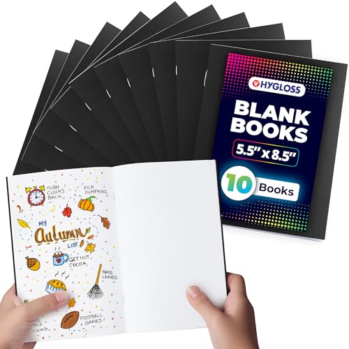 Hygloss Blank Books - Bulk 10 Pack – 5.5" x 8.5" A5 Black Paperback Blank Books for Kids to Write Stories, Doodle, Arts & Crafts – Plain Drawing Sketchbook, Unlined Journal, Notebook Without Lines - color: Black, style: 10 Books