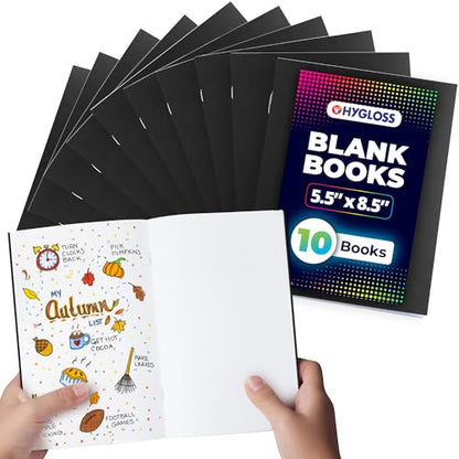 Hygloss Blank Books - Bulk 10 Pack – 5.5" x 8.5" A5 Black Paperback Blank Books for Kids to Write Stories, Doodle, Arts & Crafts – Plain Drawing Sketchbook, Unlined Journal, Notebook Without Lines - color: Black, style: 10 Books
