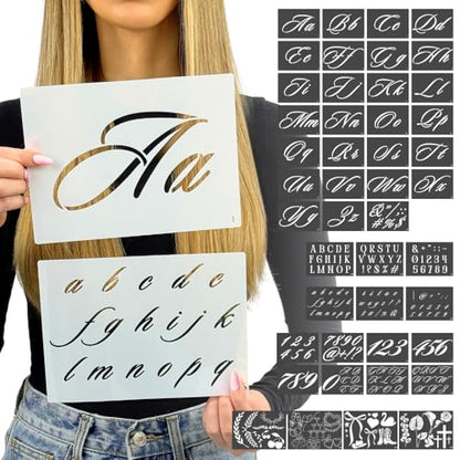 Boutique Calligraphy Stencil Template Kit | 45 Reusable Pieces | Lettering Upper, Lowercase, Large & Small | Numbers, Punctuation, Laurels and Flowers - for Arts Crafts Painting Wood (Signature Kit) - style: Signature Stencils