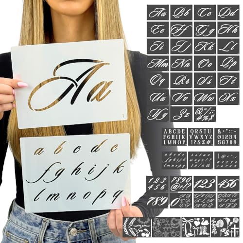 Boutique Calligraphy Stencil Template Kit | 45 Reusable Pieces | Lettering Upper, Lowercase, Large & Small | Numbers, Punctuation, Laurels and Flowers - for Arts Crafts Painting Wood (Signature Kit) - style: Signature Stencils