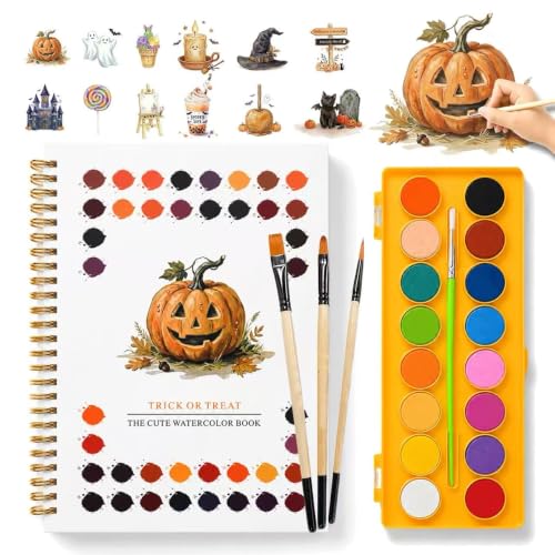 Halloween Pumpkin Watercolor Workbook, 16 Colors, 3 Brushes | Pre-sketched Pumpkin & Ghost Art on 300GSM Paper - No Bleed, Spiral Flat - 16 Paints & 3 Brushes - Great Gift for Beginners - color: TRICK ORTREAT