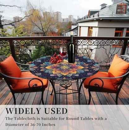 Round Tablecloth Stretch Round Fitted Tablecloth with Elastic, Boho Waterproof Table Cloth for 46"-50" Round Table, 52Inch - color: A-boho-1, size: 52" (Round)
