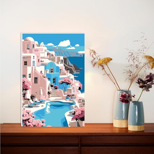 Lxmsja Santorini Landscape Paint by Numbers Kit for Adults, Romantic View Acrylic Paint by Numbers for Adults Beginner, DIY Craft Supplies Oil Painting Kits for Home Wall Decor 8x12 inch (Framed) - color: blue#100