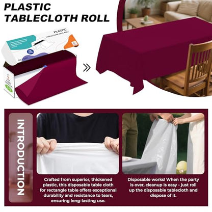 54IN X 320FT Plastic Table Cover Roll with Cutter Box, Cut to Size Plastic Table Cloths for Parties, Birthday, (Burgundy, 54"x3840"(Rectangular)) - color: Burgundy, size: 3840" x 54" (Rectangular)