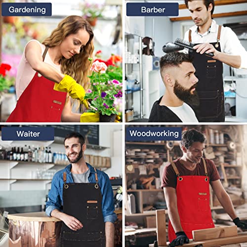 Genixart Chef Apron Men Women, Kitchen Aprons Cooking, BBQ - Black | Box Packed, Cotton Canvas, Cafe, Bar, Workshop, Restaurant, Water & Oil Stain Resistant, Cross Back Adjustable, Large Pockets - color: Black
