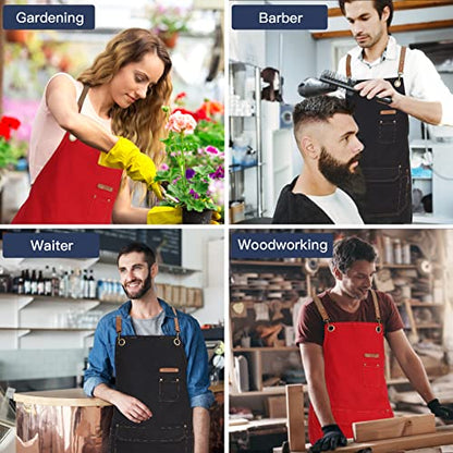 Genixart Chef Apron Men Women, Kitchen Aprons Cooking, BBQ - Red | Box Packed, Cotton Canvas, Cafe, Bar, Workshop, Restaurant, Water & Oil Stain Resistant, Cross Back Adjustable, Large Pockets - color: Red