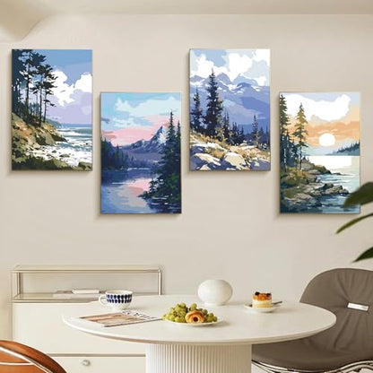 4 Pack Framed Paint by Numbers Kit for Adults Landscape with Wooden Easel - color: FOP4P-01