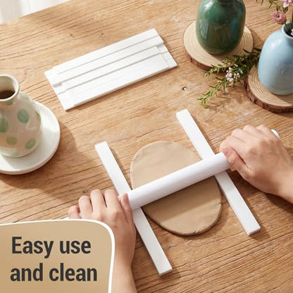 Fiwochic 12 Pcs Acrylic Pottery Tools Set Includes 1 Acrylic Clay Rolling Pin Sculpting Polymer Clay Tools 1 Stain Resistant Tablecloth and 10 Pcs 5 Size Teaching Rolling Mud Stick Guide(White) - color: White