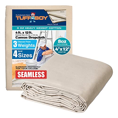 Canvas Drop Cloth for Painting 4X12 ft – All Purpose Canvas Tarp for Floor & Furniture Paint Protection – Painters Drop Cloth Curtains –8 Oz. Seamless Canvas Fabric Painting Supplies for Home TUFFBOY - color: 8 Oz - Heavy Grade