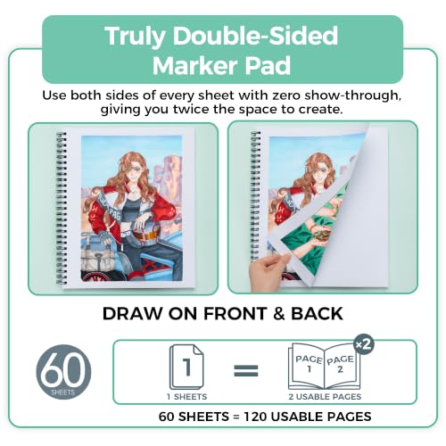 Ohuhu 11"x14" Double-Sided Bleedproof Marker Pad Art Sketchbook 60 Sheets | Large Sketch Book - 90 LB/150 GSM Smooth Drawing Paper - 60 Sheets/120 Pages - Spiral-Bound Sketch Pad for Alcohol Markers - size: 11" x 14"