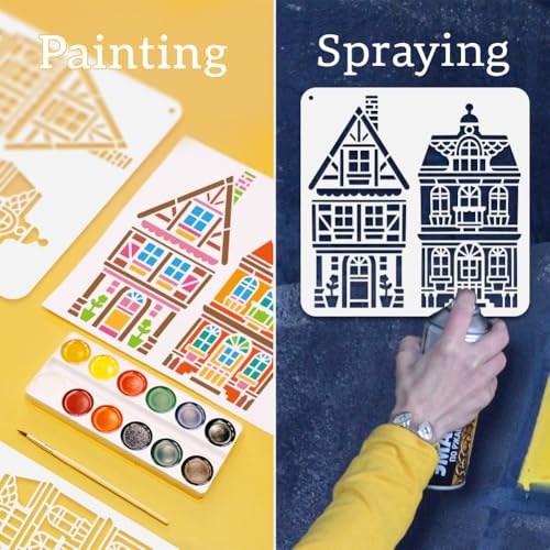 6Pcs Christmas House Stencils for Painting, Reusable Pine Tree Stencil Drawing Templates, House DIY Craft Paint Templates for Wall Home Decor Wood Burning Canvas Fabric Window - style: Christmas House