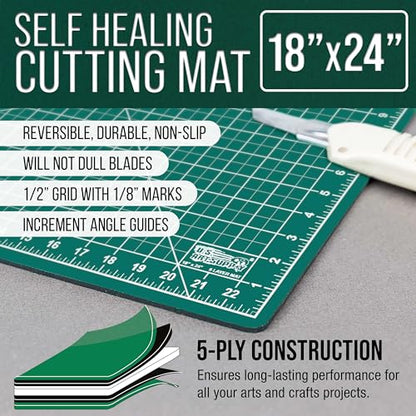 U.S. Art Supply 18"x24" Self-Healing Cutting Mat 5-Ply Green/Black | Double-Sided Green/Black Craft Mat, Non-Slip Cutting Mats for Crafts, Sewing, Quilting, Scrapbooking - color: Green/Black