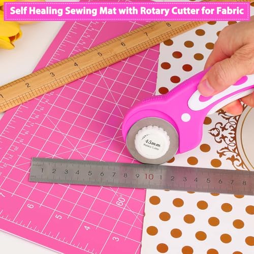 Rotary Cutter and Mat Set, Audab Self Healing Sewing Mats Shirt Cutter 45mm Fabric Cutter Wheel with 2 Blades Rotary Cutting Mat for Crafts Fabric Quilting Hobby (9" x 12" (A4) - color: Pink