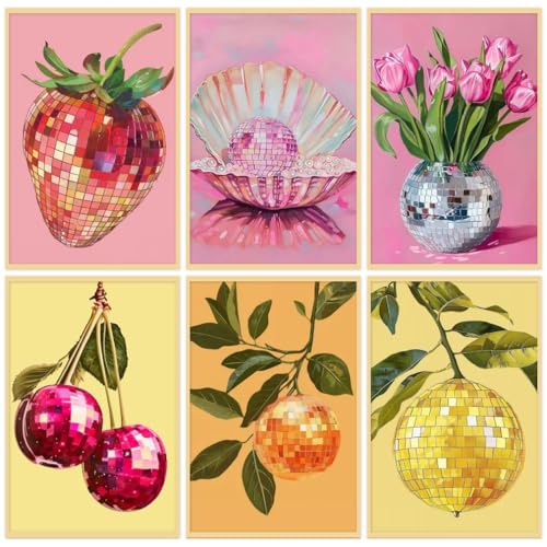Clendo 6P Disco Ball Paint by Numbers Kit for Adults, DIY Fruit Adult's Paint by Numbers on Canvas, Easy Acrylic Watercolor Oil Painting by Number Without Frame(8x12 in) - color: MT20734-MT20739-US