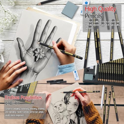 PANDAFLY Drawing Sketching Pencil Set, 20 Piece, 4H-14B Graphite Pencils | Pro Art Pencil Kit with Charcoal Sticks, Erasers, Sharpener, Blending Stump, Artist Pencils For Beginners & Pro Artists