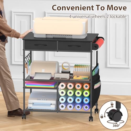 Mobile Craft Cart with Vinyl Roll Holder, Crafting Table Accessories Holder - color: Black