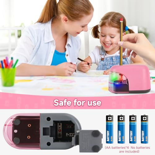Battery-Operated Electric Pencil Sharpener with LED Light – Compact & Portable Pencil Sharpener for Home, School, or Office Use (Pink) - color: Pink