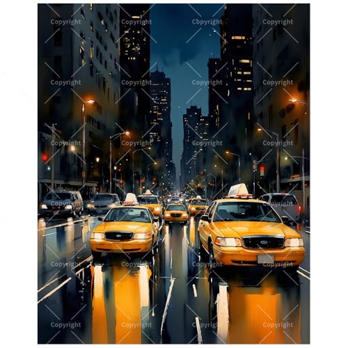 Urban Traffic Paint by Numbers Kit for Adults - DIY New York Yellow Cabs at Night Street Scene Painting on Canvas 16x20 Inches, Acrylic Paint Set for Beginners, Art for Home Decoration or Gifts - color: HSX00908, size: 16X20IN Folded