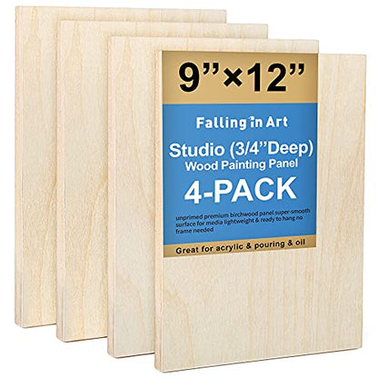 4 Pack 9x12’’ Unfinished Birch Wood Panels Kit for Painting | Studio 3/4’’ Deep Wooden Canvas, Cradle Boards for Acrylic Pouring, Art, Crafts, Epoxy Resin, Laser Engraving Cutting - size: 9'' x 12'' Studio