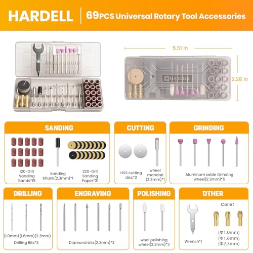 HARDELL 69pcs Rotary Tool Accessories Kit Universal 1.0 1.6 2.3mm