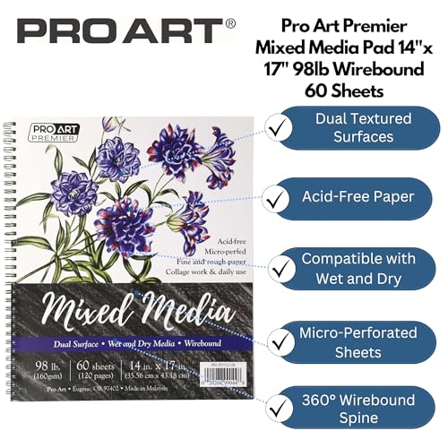 Pro Art Premium Mixed Media Pad 14"x17" 60 Sheets, 98#, Wire, Sketch Book, Sketchbook, Drawing Pad, Sketch Pad, Drawing Paper, Art Book, Paper, Sketchbook for