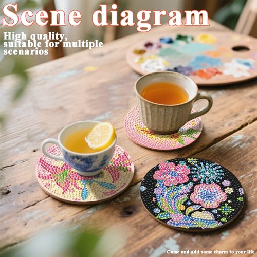 DOTSOPS 6 PCS Flowers Diamond Painting Coasters for Beginners with Holder - color: Eflowerc