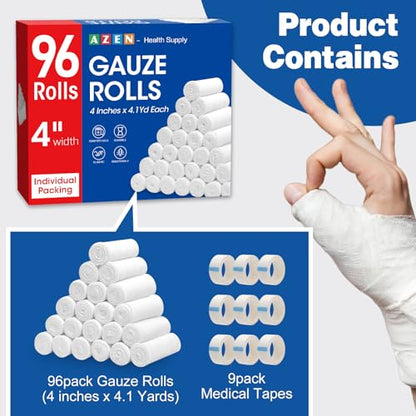 AZEN 96 Pack Gauze Rolls Bandages, 4 in x 4.1 Yards, Premium Medical Supplies & First Aid Supplies, Bandage Wrap Vet Wrap, Mummy Wraps - color: 96p, size: 4IN