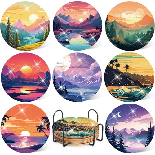 Diamond Art Painting Coasters Kit - 8 PCS Landscape Diamond Art for Adults DIY Crafts Set with Holder Sunset Sunrise Coasters Table Decor for Adult Beginners - color: Landscape