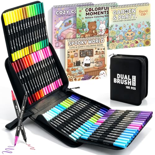 100 Colors Dual Brush Markers Pens with 4 Spiral Bound Adult Coloring Books