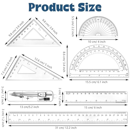 Zonon 7‑Piece Geometry Set with Drawing Compass, 6 & 4 Inch Protractors, Triangle Rulers and Straight Rulers, Transparent Math Drafting Supplies for Back to School, Students and Office Use(Clear) - color: Clear