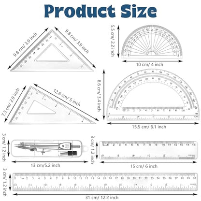 Zonon 7‑Piece Geometry Set with Drawing Compass, 6 & 4 Inch Protractors, Triangle Rulers and Straight Rulers, Transparent Math Drafting Supplies for Back to School, Students and Office Use(Clear) - color: Clear