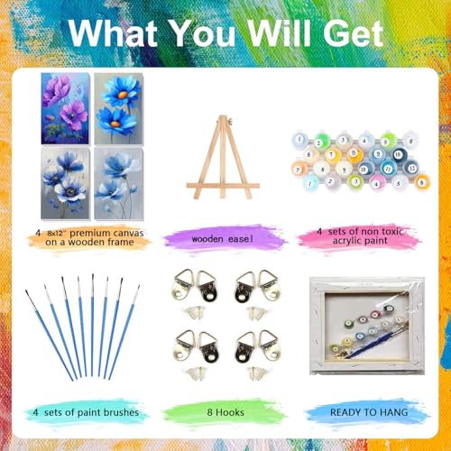 4 Pack Flower Paint by Numbers for Adults with Framed Canvas - Wooden Easel - color: BKH1842+BKH1843+BKH1844+BKH1845