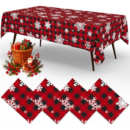 4 Packs Christmas Buffalo Disposable Table Cloth, 54 x 108 Inch Waterproof Plastic Tablecloth, Rectangle Black Red and White Checkered Table Covers for Picnic, Birthday, Party - color: Black Red and White, size: 54" x 108" - 4 Pack