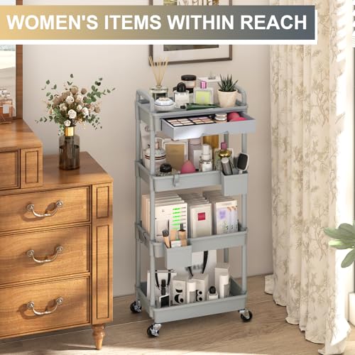 Goovilla 4 Tier Rolling Utility Cart Organizer with Removable Drawer, Grey | Stable and Sturdy Rolling Storage Carts with 2 Lockable Wheels for Bathroom, Kitchen, Snack, Craft, Makeup, Baby Essentials - size: 4 Tier, style: Gray