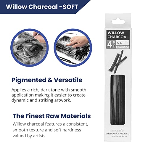 Pacific Arc 2 PACK Large Willow Charcoal Stick 4/Pkg, Soft, Black, Thick Willow Charcoal for Sketching and Drawing … - style: Willow Soft | 2 Pack | 4 Sticks